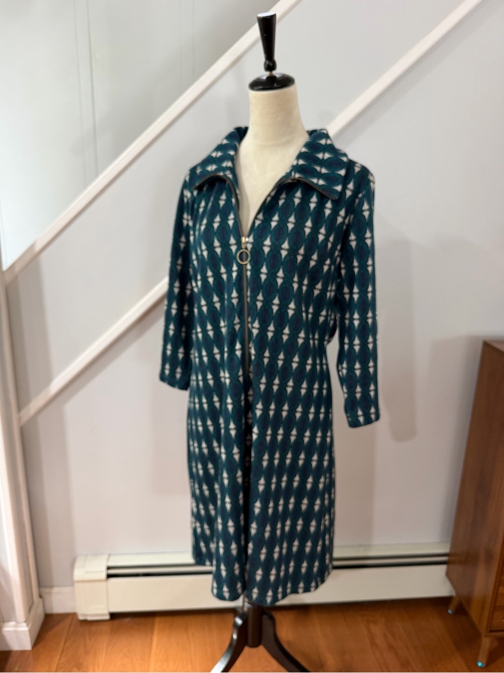 King Louie Retro Mod Geometric Zip Front Sweater Dress Green Blue Knit XL